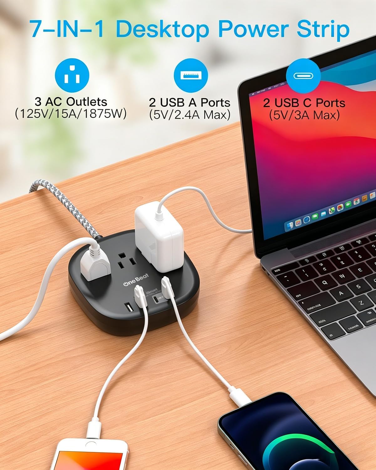 Cruise Ship Travel Essentials, 22.5W/4.5A Flat Plug Power Strip, Black