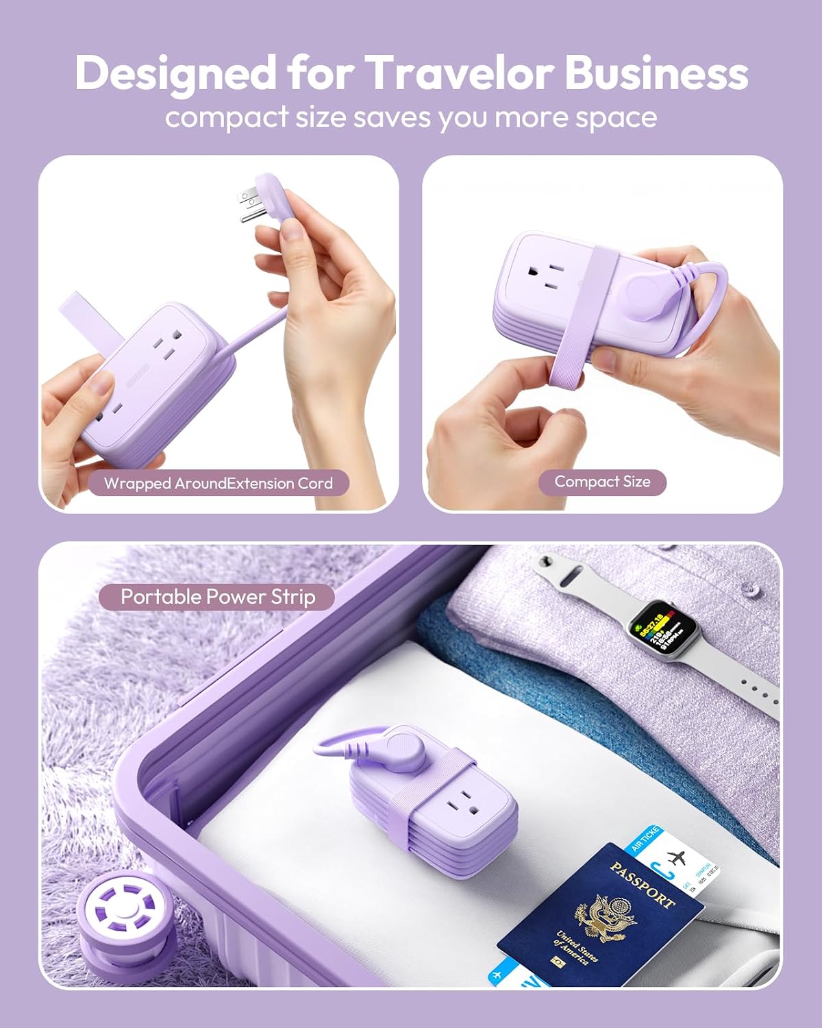 NTONPOWER Purple Travel Power Strip,Travel Essentials 4 Outlets 3 USB(1 C) with 4FT Wrapped Extension Cord Flat Plug, Cruise Essentials 2026 for Hotel Travel Cruise Essentials (Pack of 2)