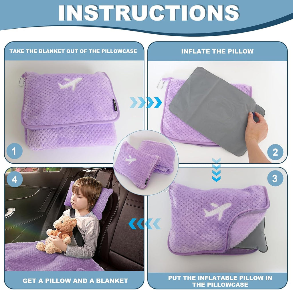 3 in 1 Travel Pillow and Blanket Set - 280 GSM Travel Blanket Airplane Compact with Bag, Inflatable Travel Pillow, Packable Airplane Blanket, Luggage Sleeve & Backpack Clip (Light Purple)