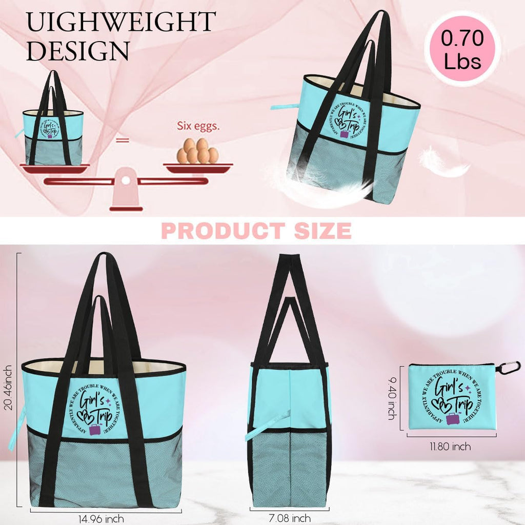 girls trip bags Foldable Waterproof Beach Tote for Women - 8 Zippered Pockets, Lightweight Travel Bag for Swim