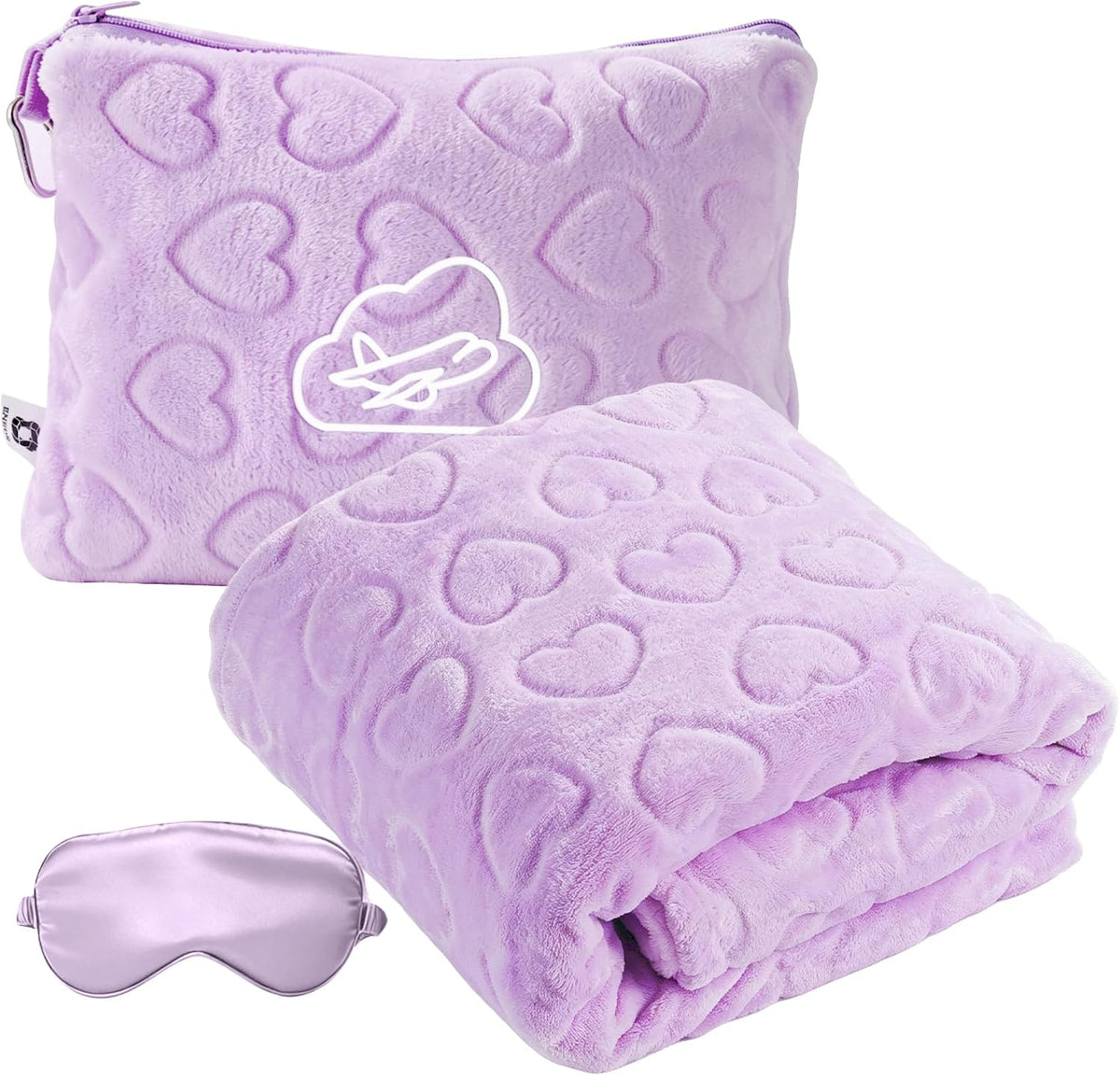 Travel Blanket, Airplane Blanket, Ultra-Soft, Warm & Lightweight, 65x40 in, Outdoor Blanket Essentials for Women, Men & Kids, Included Eye Mask, Luggage Sleeve & Backpack Clip Heart Purple