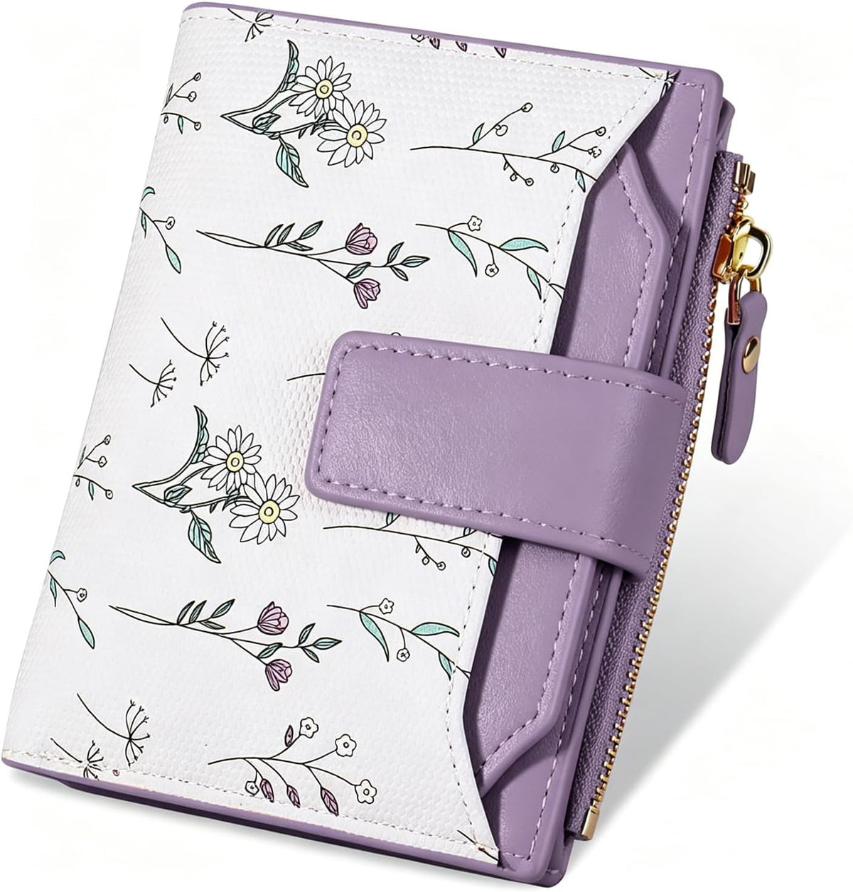 Small Womens Wallet-soft Leather RFID Blocking Bifold Zipper Pocket Credit Card Purse-Floral Pattern Wallet with ID Window (purple)