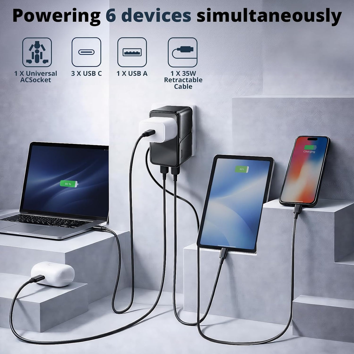 35W GaN Universal Travel Adapter with Retractable Type-C Cable,5-in-1Port International Power Adapter (1USB-A + 4 USB-C), Universal Power Adapte for Travel Essentials Plug for EU/UK/US/AU Plug