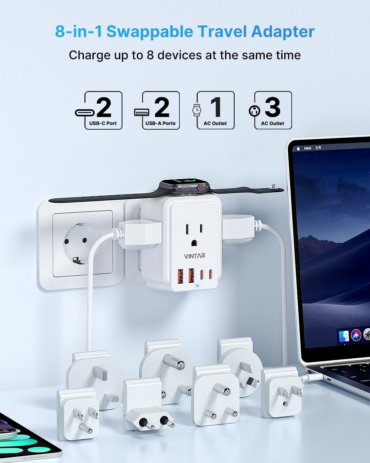 VINTAR Universal Travel Adapter for Apple Watch Charger, Type A,B,C,D,G,I,M