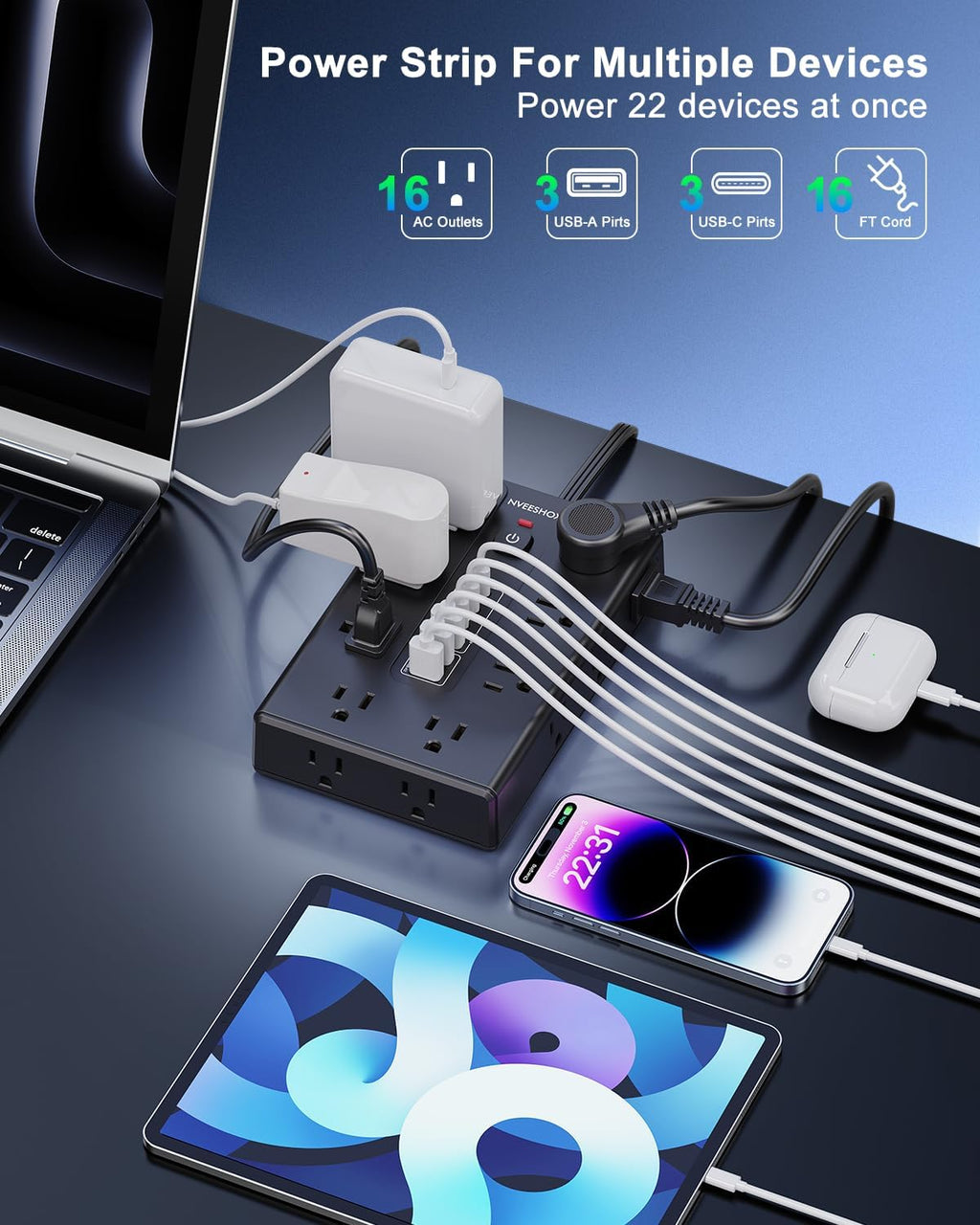 Surge Protector Power Strip with 16 AC Outlets 6 USB Ports(3 Type C)