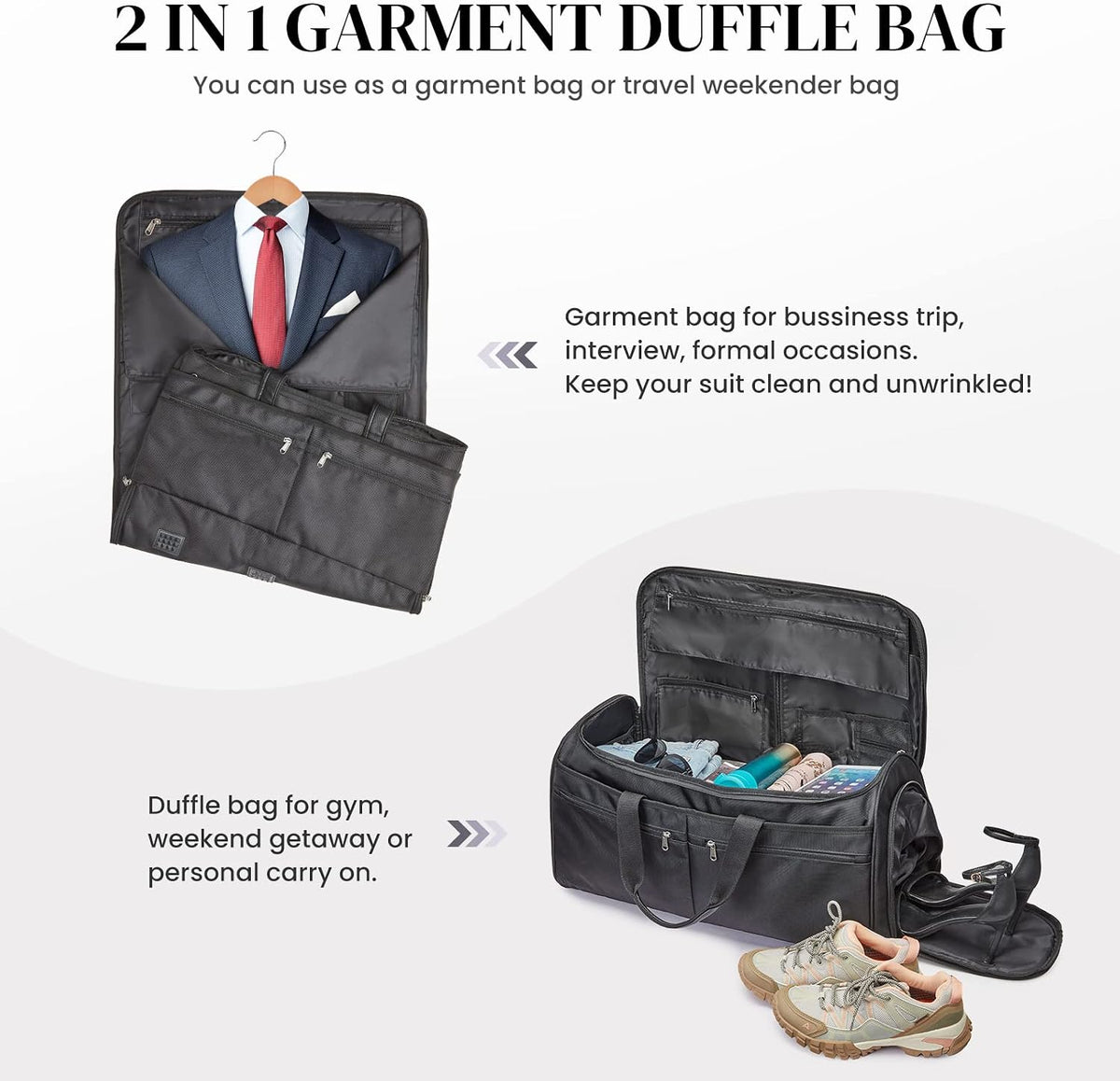 S-ZONE 50L Convertible Travel Garment Bag Carry on Garment Duffel Bag for Men Women 2 in 1 Hanging Suitcase Suit Business Travel Bag, Black