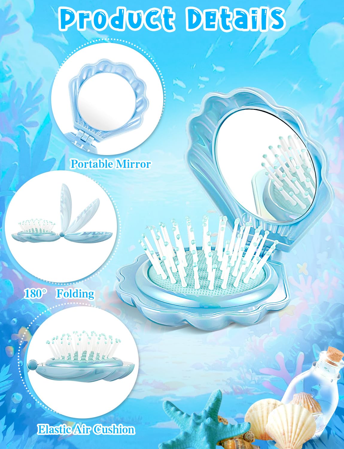 8 Pcs Foldable Travel Shell Hair Brush with Mirror