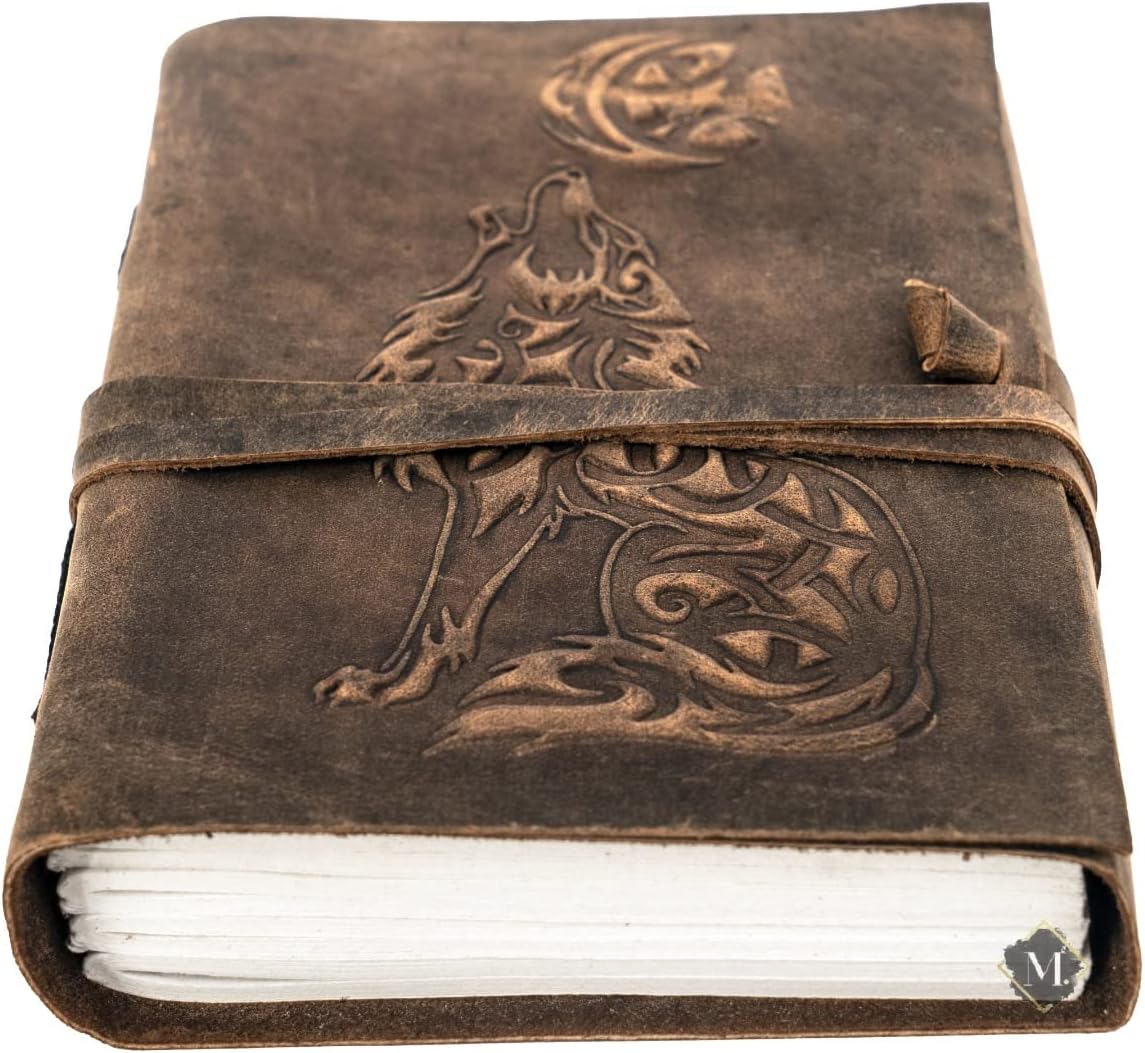 Wolf Vintage Leather Journal Sketch book For Men Women - 200 pages Notebook Diary Dnd Travel Bullet Wolves Antique Large Vintage Bound Writing Gift 5 x 7 inch Dark Brown