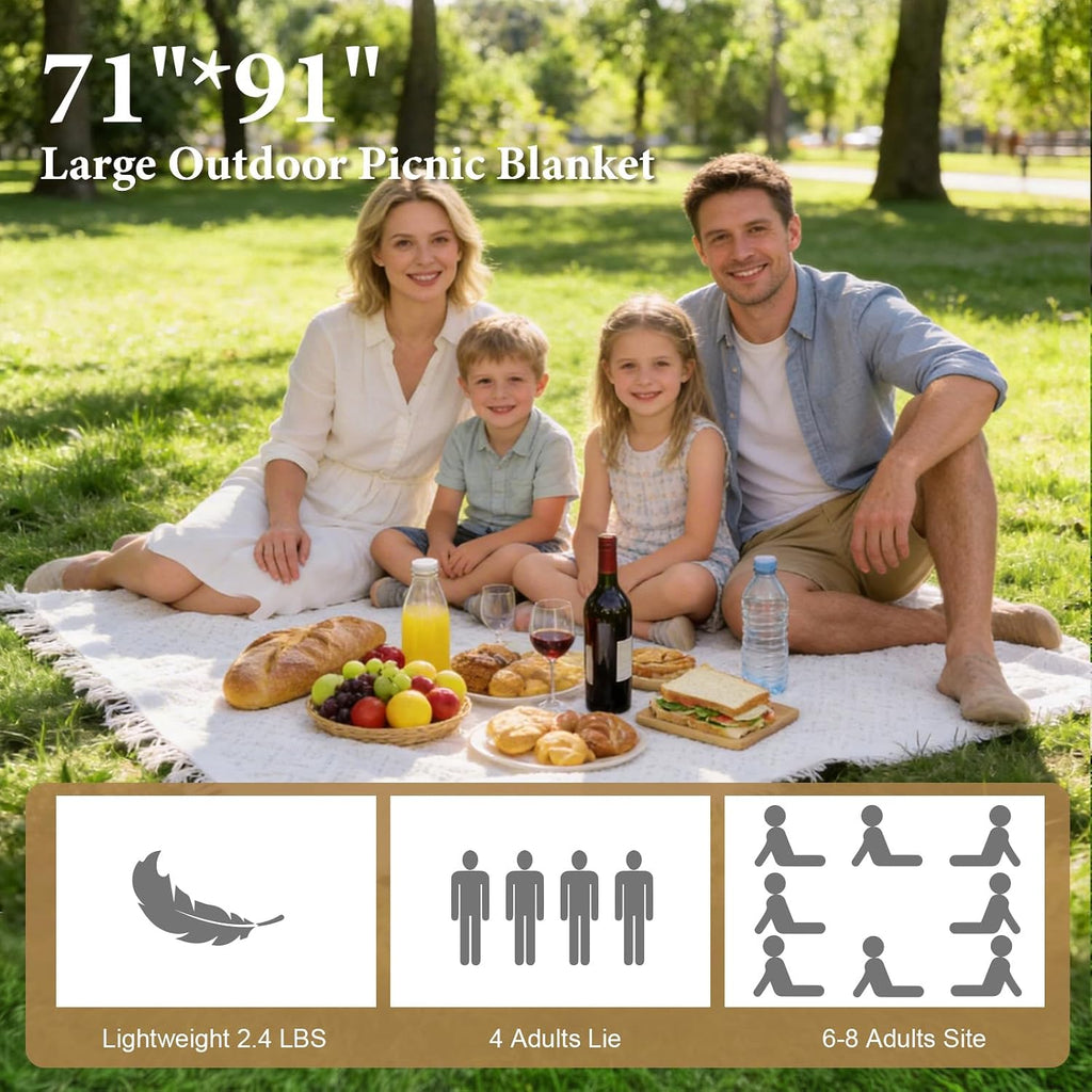 91 x 71 Inch Large White Picnic Blanket, Outdoor Picnic Blanket with Fringe, Soft Cotton Woven Blanket Picnic, Lightweight Foldable Blanket Picnic for Beach, Park, Camping (White Diamond Pattern)