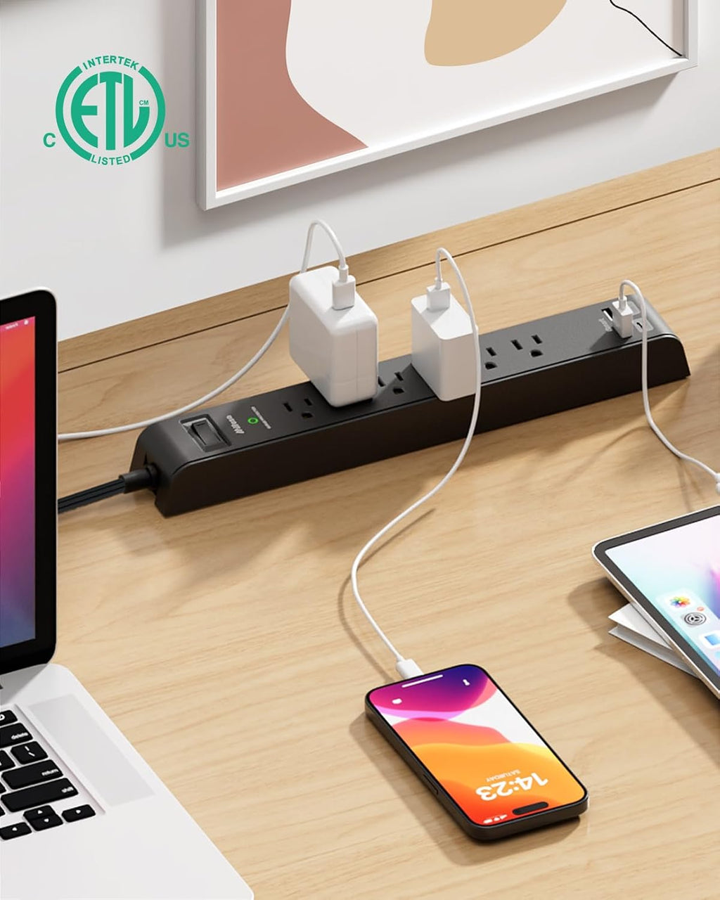 2 Pack Power Strips Surge Protector, 25FT Flat Extension Cord, Flat Plug