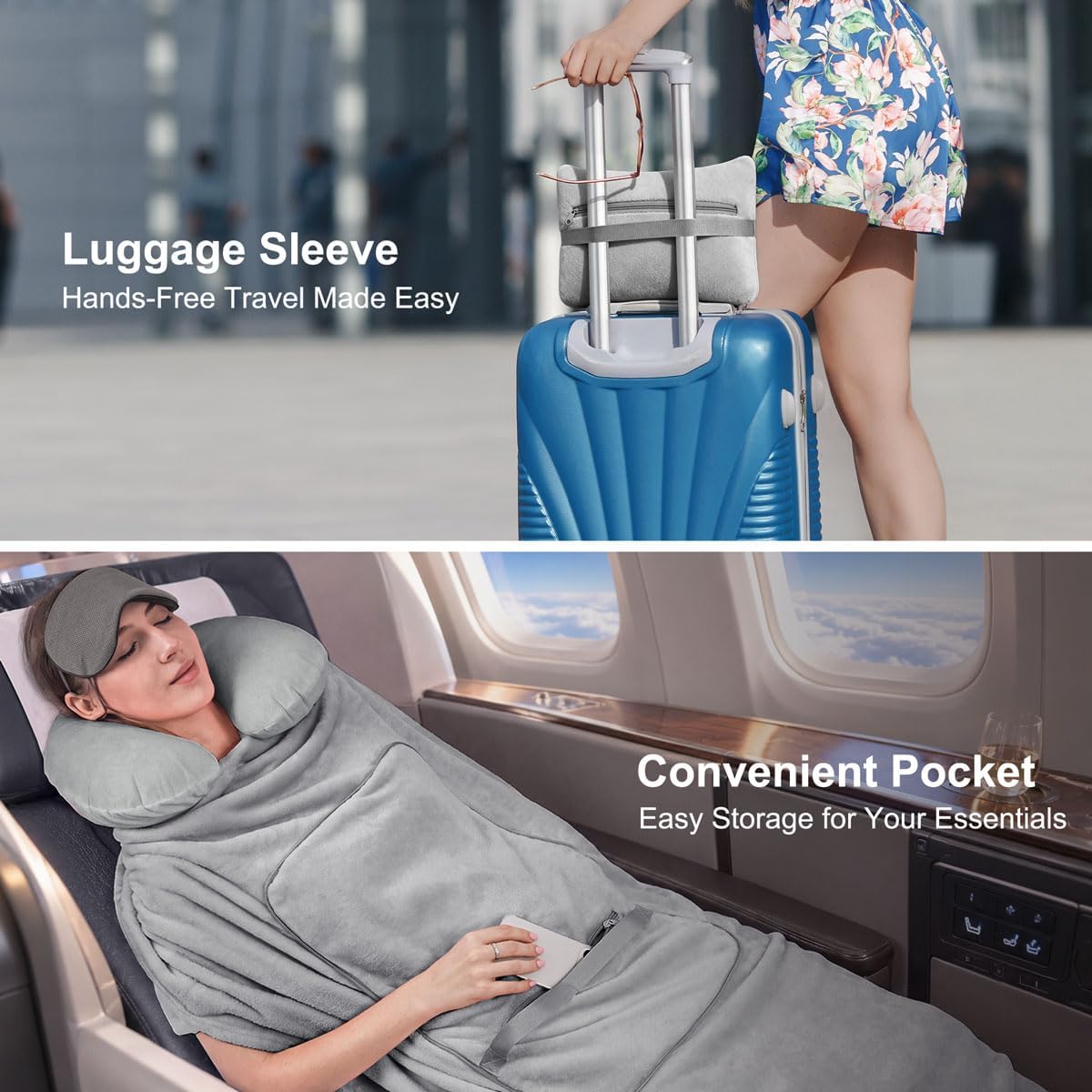 KAWAHOME Travel Blanket Airplane Compact Set with Neck Pillow, Eye Mask