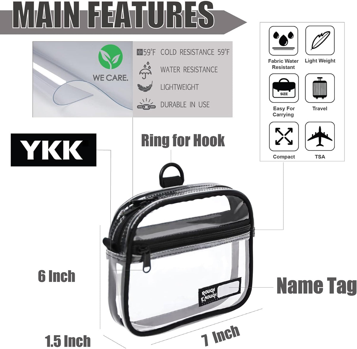 Rough Enough Clear Toiletry Bag Quart Size for Travel, Men Women