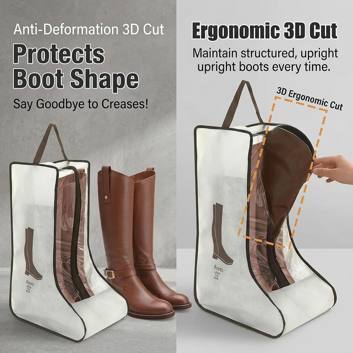 Tall Boot Storage Bag Organizer for Closet and Travel, Portable Dustproof Bags for Cowboy (2 Pcs Off‑White Long Boot)