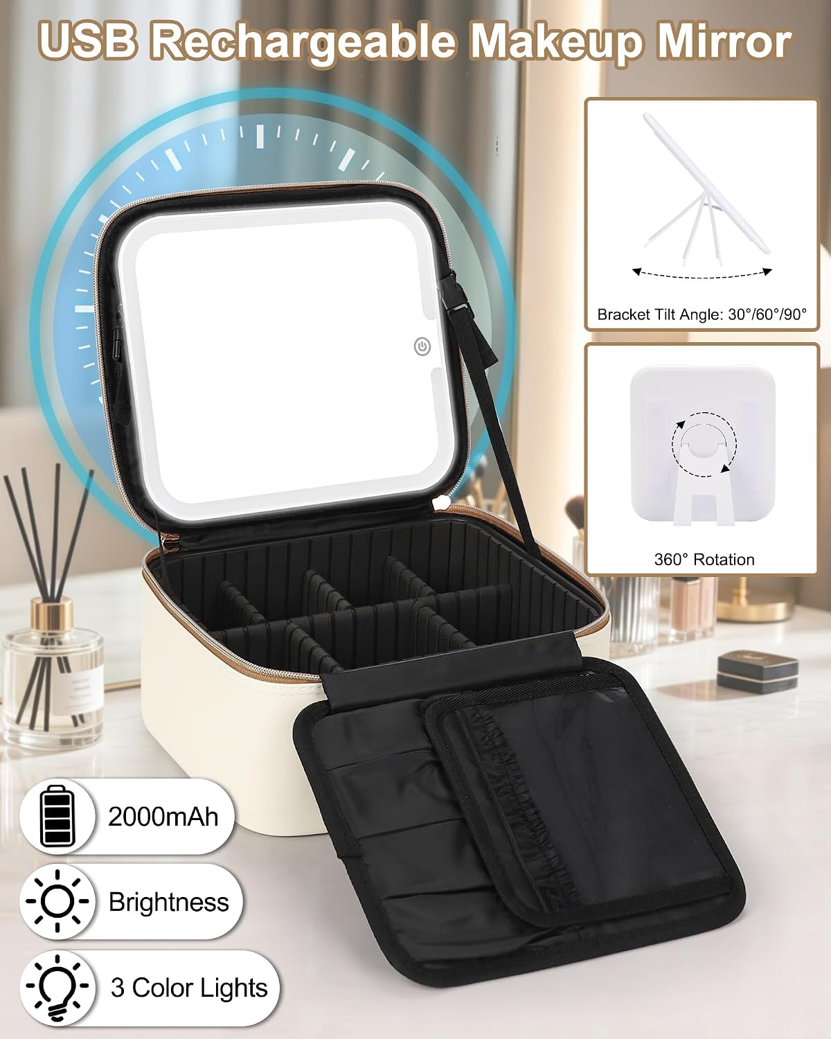 Relavel Birthday Gifts for Women Teen Girls, Initial Makeup Bag with LED Mirror, Personalized Cosmetic Organizer with 3 Light Modes, Rechargeable Travel Bag with Compartment & Adjustable Dividers - L