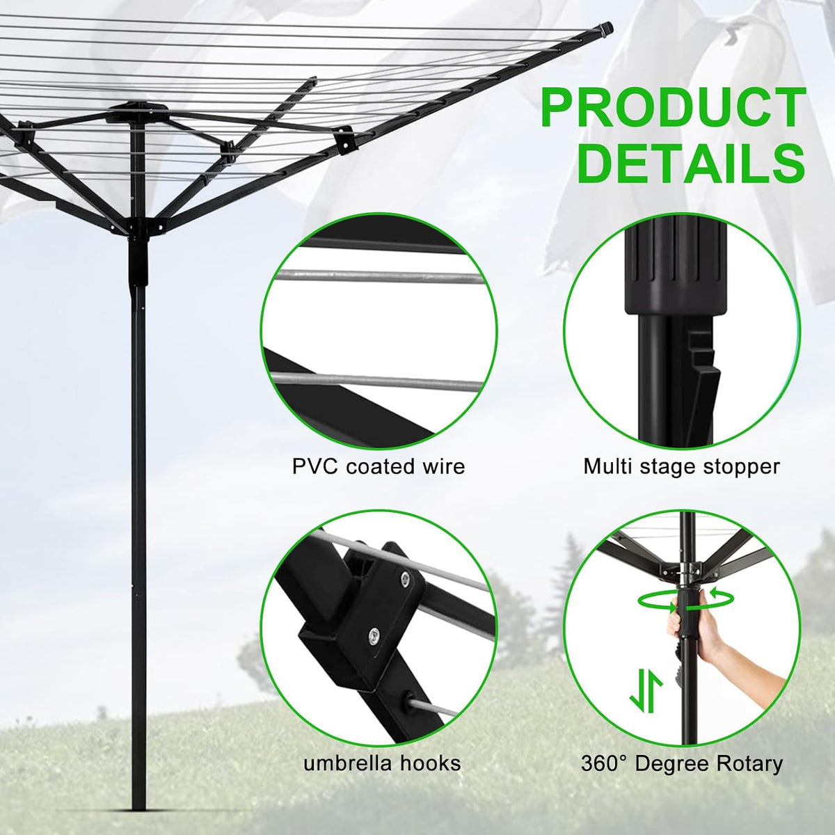 Outdoor Umbrella Drying Rack, 12 Lines 165ft Space, Steel Frame Adjustable Height, 4 Aluminum Arms, Collapsible for Yard.