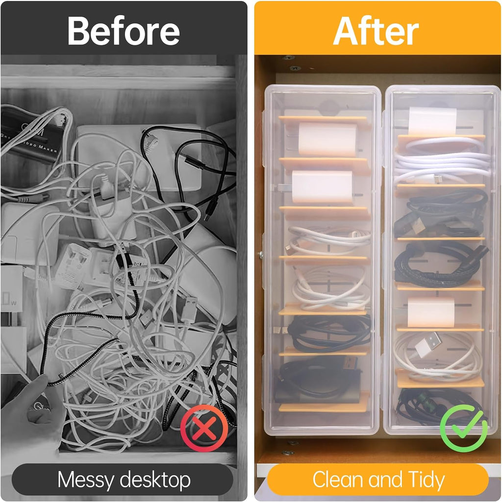 PAVSTINE Clear Cable Organizer Box with Lid and Adjustable Dividers