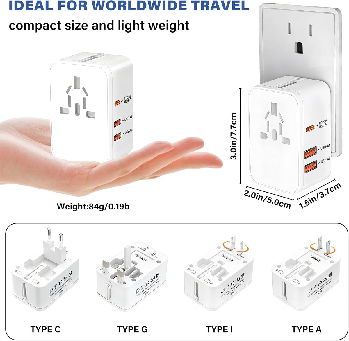 EFISH International Travel Plug Adapter,Fast Charging & Quick Charge White