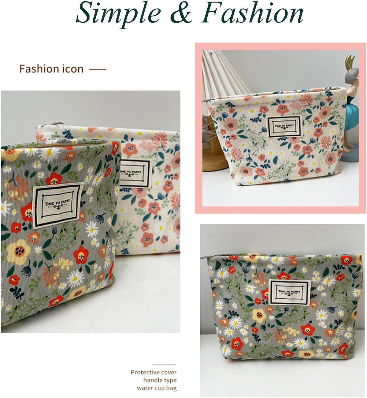 Flower Fabric Makeup Bag for Purse, Vintage Corduroy Cosmetic Pouch Bag, Portable Travel Handbag for Women Girls (Bean green flowers)