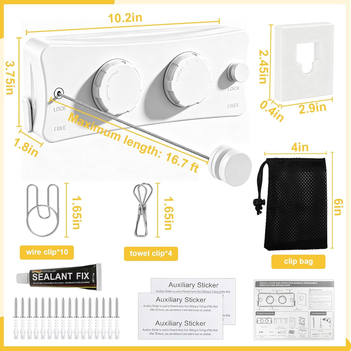 Retractable Clothesline Indoor & Outdoor, 16.7 Ft Non-Sagging Double Clothes Line, Retracting Heavy Duty Clothes Drying Laundry Line, Wall Mounted Stainless Steel Line (White, Dual Line)