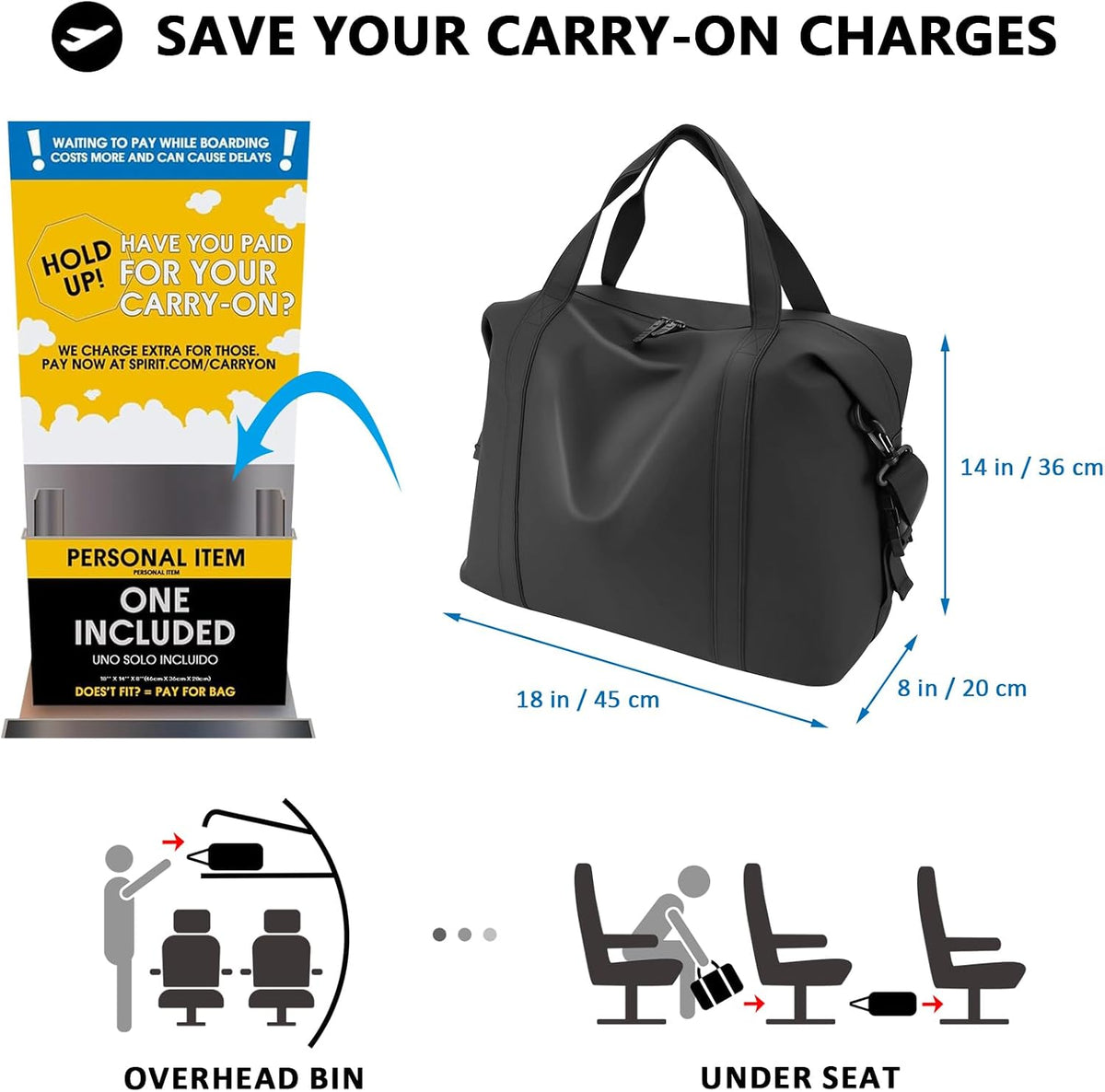 18x14x8 Personal Item Travel Bag for Spirit Airlines for Frontier Airlines