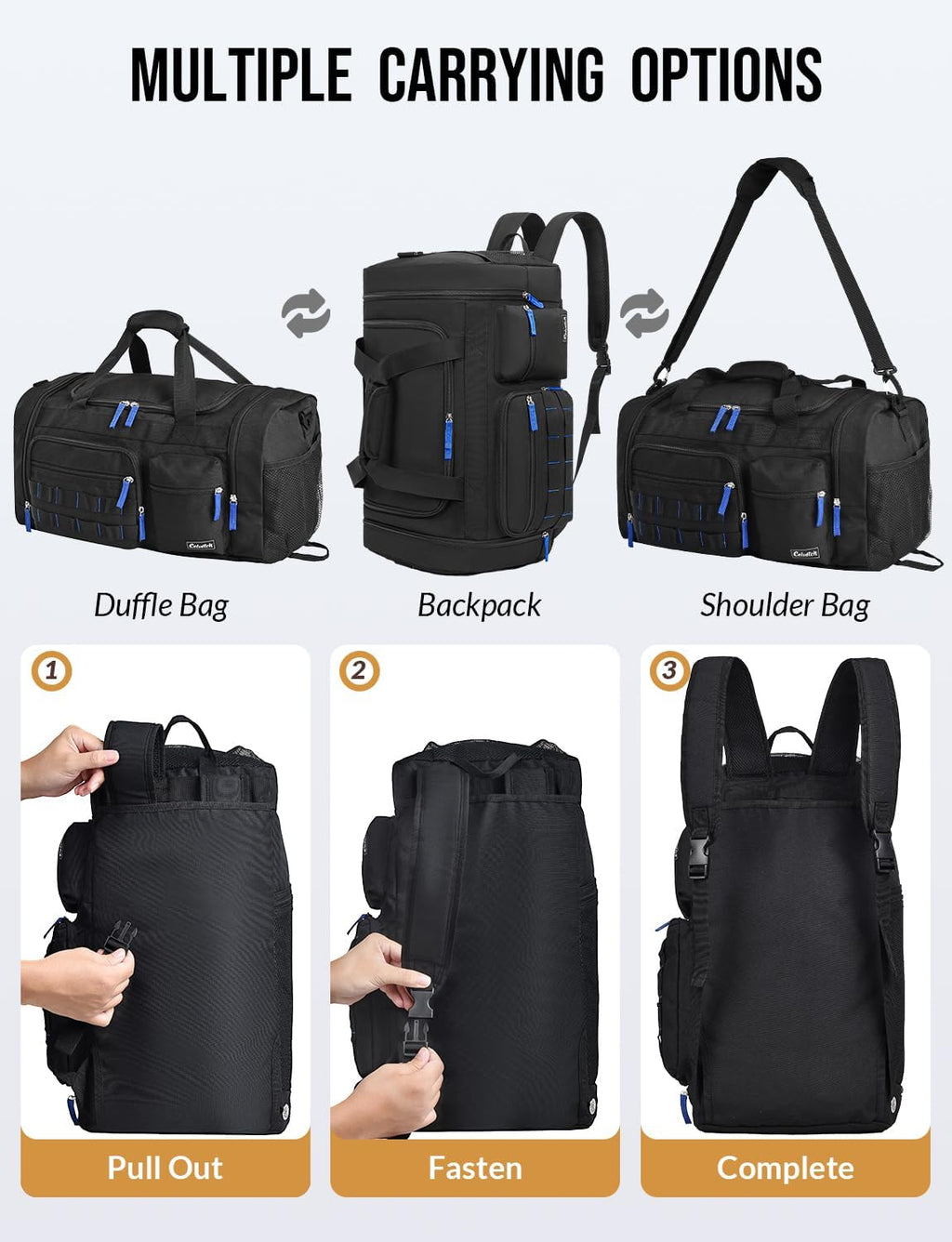 Gym Bag for Men Women 3-in-1 Sports Travel Duffel Bag, 61L, Black