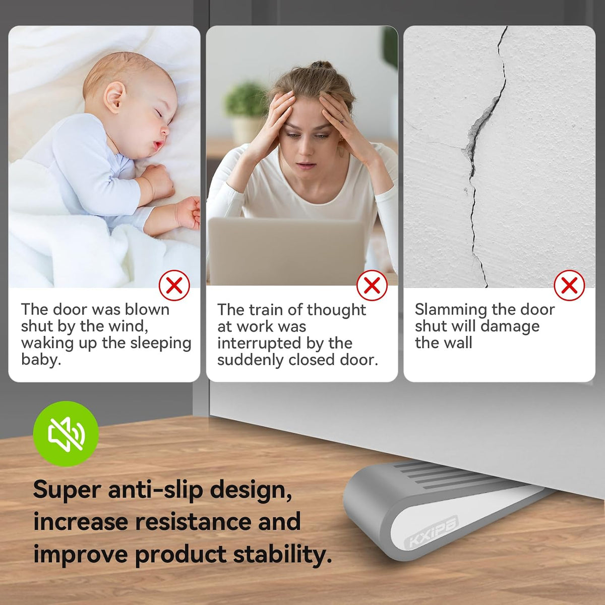 1 Pack Rubber Door Stopper Wedge - Grey Non-Slip Soft TPR High-Elastic & Zinc Alloy Metal Material Door Stops for Bottom of Heavy Duty Door Wall Protector for Home & School with Self Adhesive Holder