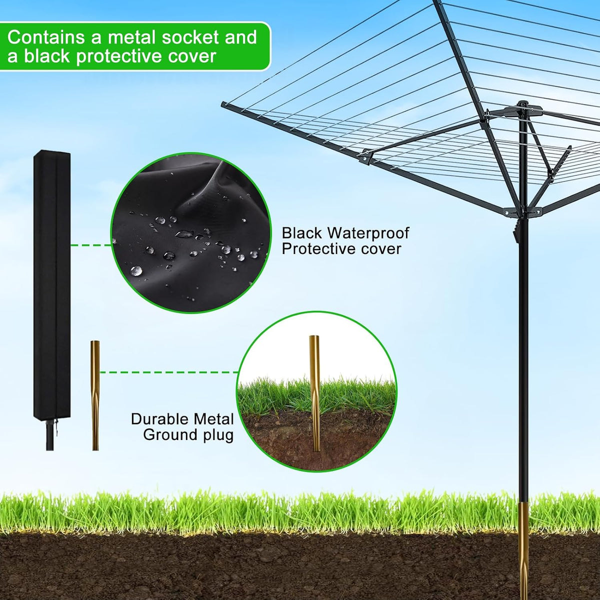 Outdoor Umbrella Drying Rack, 12 Lines 165ft Space, Steel Frame Adjustable Height, 4 Aluminum Arms, Collapsible for Yard.