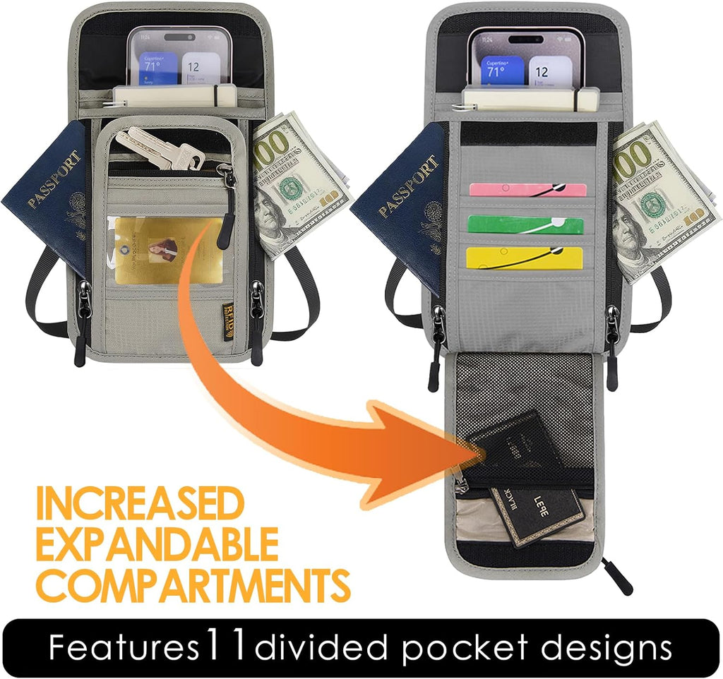 Travel Neck Wallet RFID Blocking – Hidden Passport Holder & Anti-Theft Money Pouch for Men & Women, Lightweight Concealed Undergarment Organizer with Adjustable Strap, Secure Document Holder