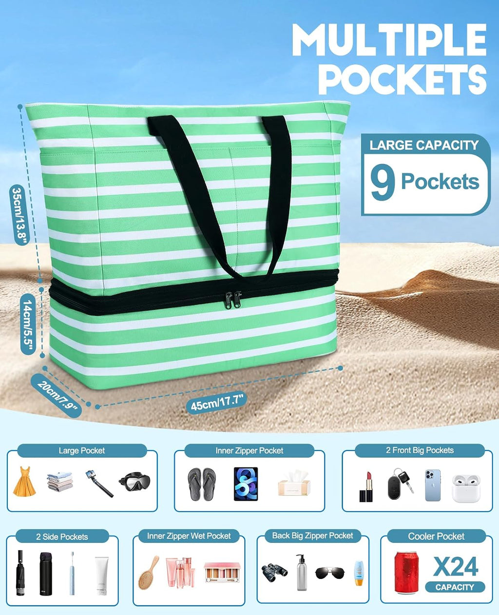ISEYOU Beach Bag with Cooler, 49L Large Waterproof Sandproof Tote with Zipper, Foldable Travel Bag for Beach, Pool, Picnic