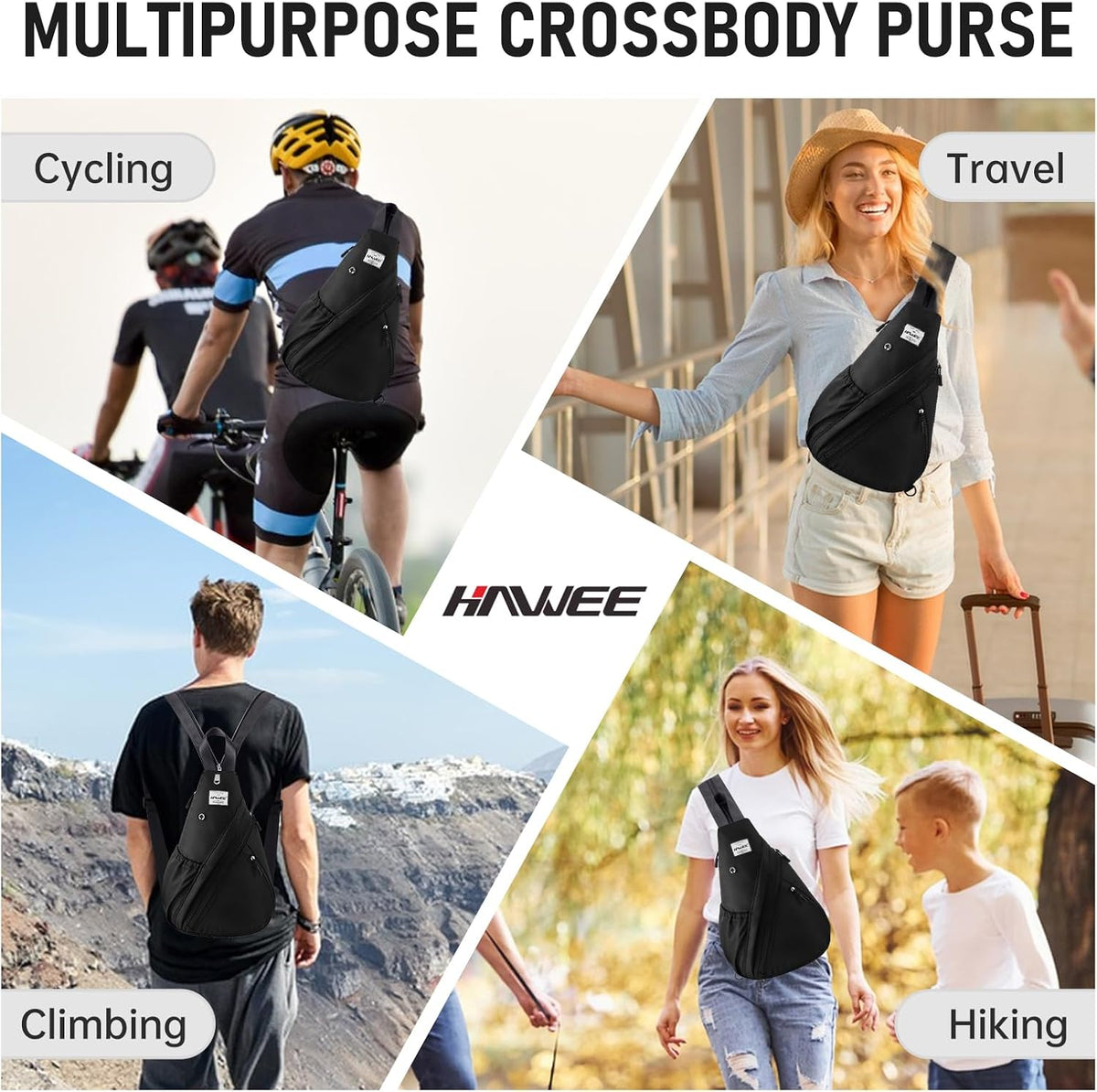 Women's Crossbody Rope Sling Bag - Convertible Chest Bag & Casual Daypack, Water-Resistant Backpack for Travel, Cycling, Hiking, Black