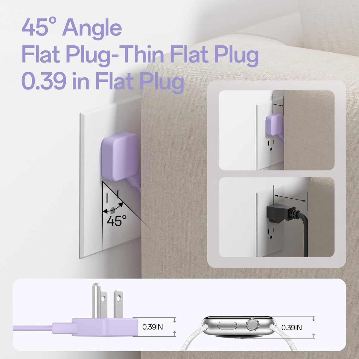 2 Pcs Travel Power Strip, SMALLRT Extension Cord with Multiple Outlets, 3.3FT Wrapped Extension Flat Plug Power Strip with 4 AC Outlets for Travel, Hotel, Cruise Approved, No Surge Protection, Purple