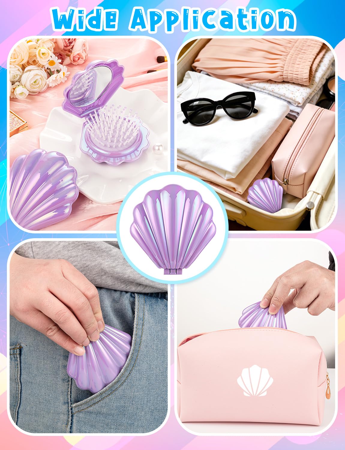 8 Pcs Foldable Travel Shell Hair Brush with Mirror