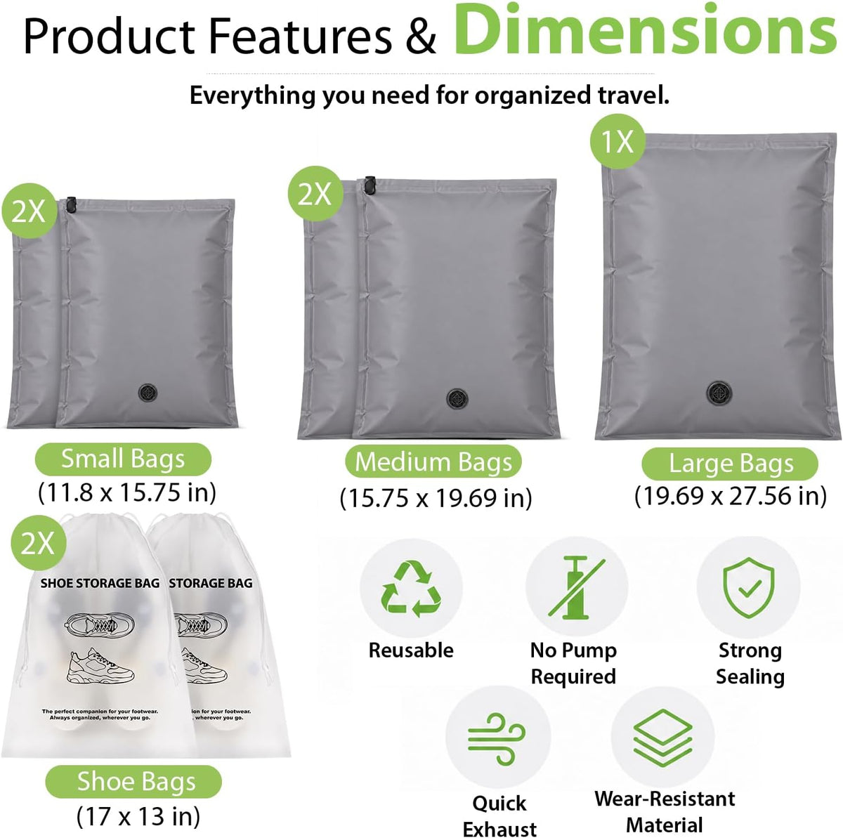 Garnen 7 Piece Travel Compression Packing Cubes, No Pump Needed, Dark Grey