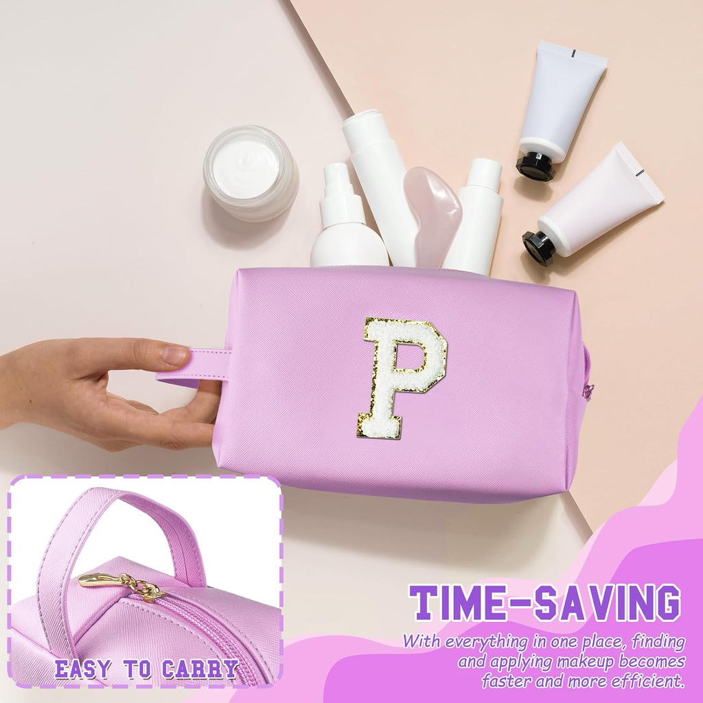 Personalized Initial Makeup Bag with Handle, Preppy Cosmetic Bag with Inner Zipper Pocket, 8 9 10 11 12 13 14 Years Old Girl, Graduation Gifts for Teen Girls Women Teachers (P, Purple)