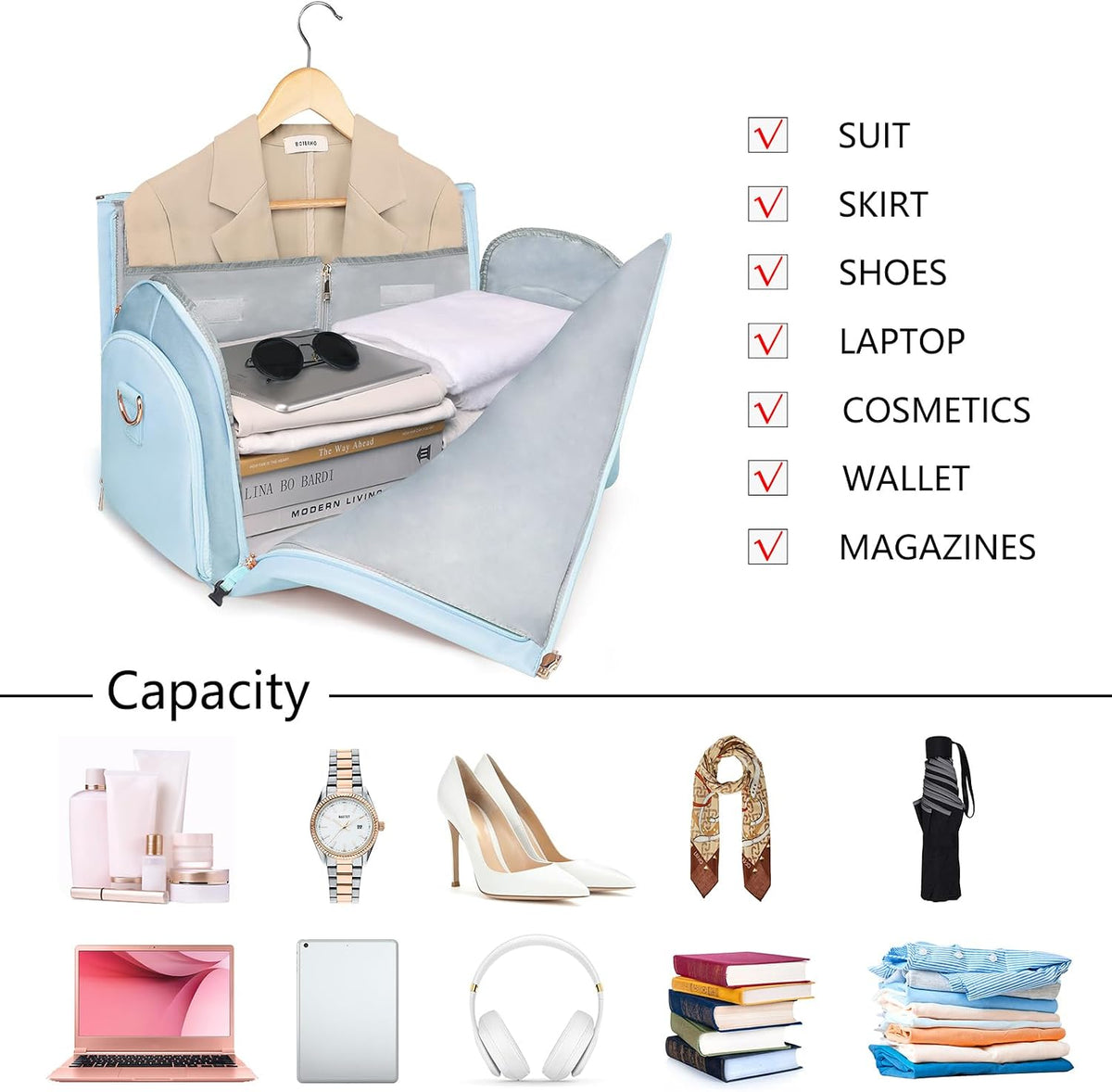BOLOSTA 2 in 1 Convertible Garment Duffle Bags for Travel Foldable Carry On Garment Bag