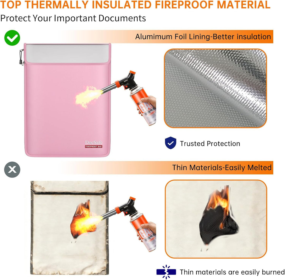 DocSafe Fireproof Document Bag (5200℉) with Fireproof Organizer Travel Case,Heat Insulated Fire＆Water Resistant 8 Layers Safe Money Bag Storage for Important Documents,Cash,Power Bank,Valuables,Pink