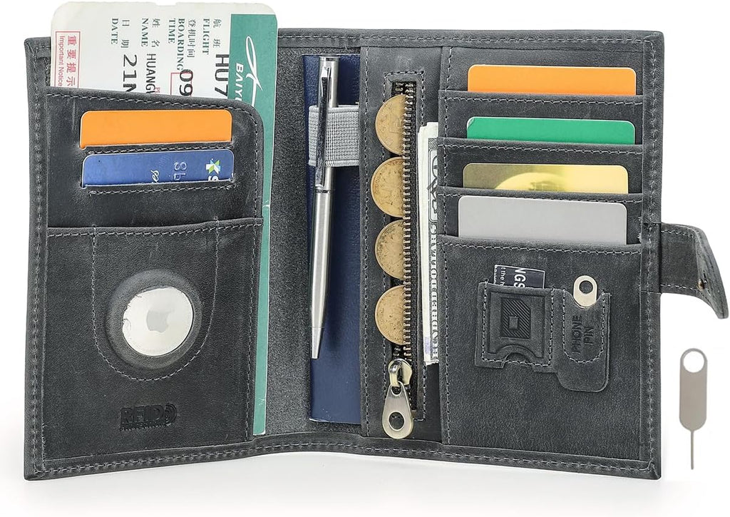 CONTACTS Full Grain Leather Passport Holder with Compatible with Airtag RFID Blocking Passport Wallet Travel Slim Passport Cover with SIM Card Removal Tool (Gray)
