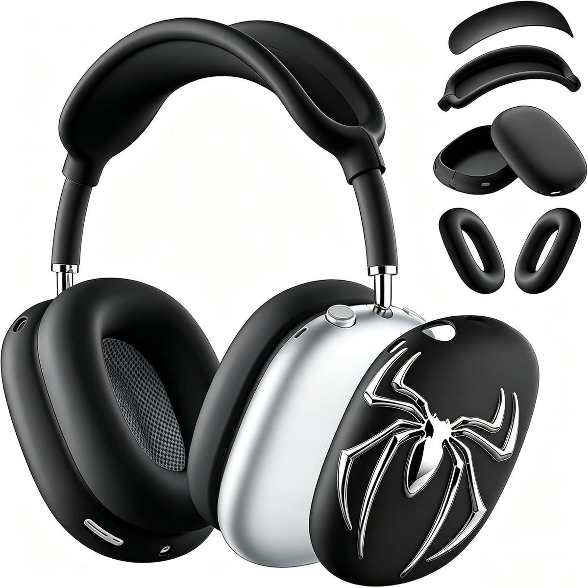 [4 in 1] Case Cover for AirPods Max 2/1 (2026/2024/2020) Ear Pad Case Cover/Headband Cover/Ear Cups with 3D Spider for Apple AirPods Max Headphones (Black)