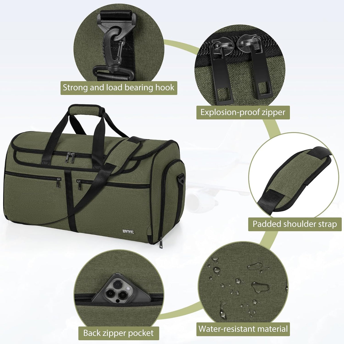 IBVIVIC Convertible Garment Bags for Travel, 50L Travel Garment Bag, Green