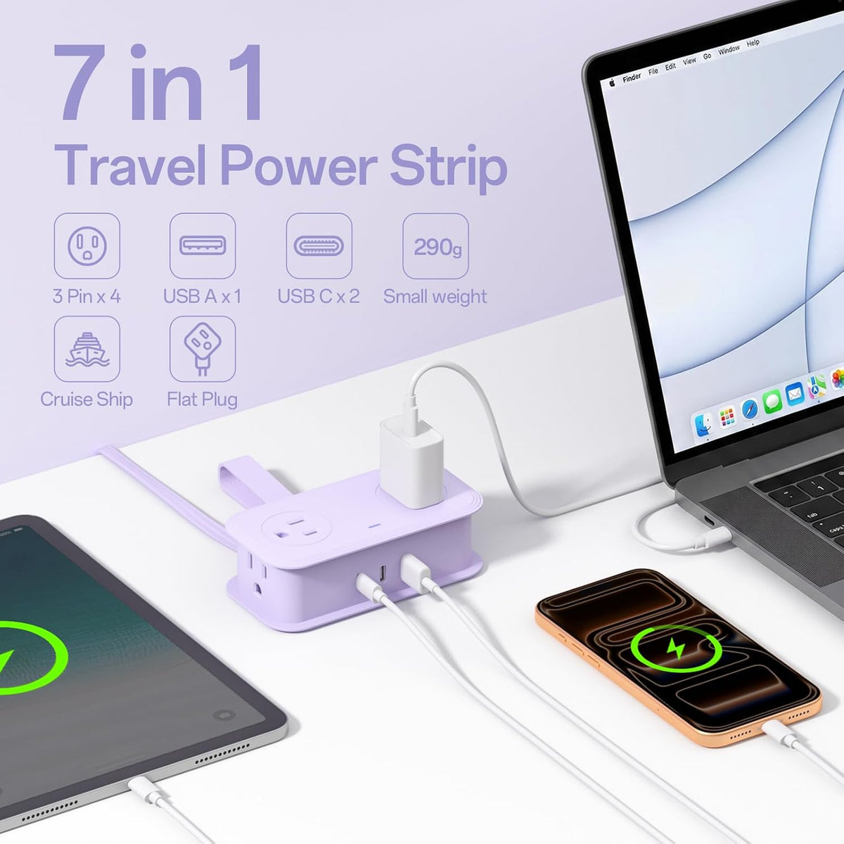 Travel Power Strip, SMALLRT Extension Cord with Multiple Outlets, 6.5FT Wrapped Extension Flat Plug Power Strip with 4 AC Outlets for Travel, Hotel, Cruise Approved, No Surge Protection, Purple