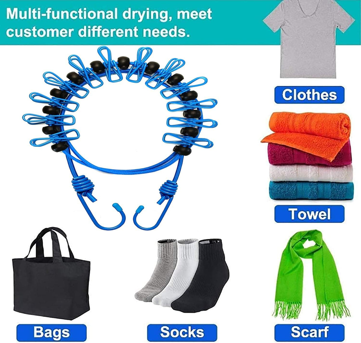 1 Pack Portable Clothesline with 12 Clothespins, Travel Clothesline Stretchy Retractable Elastic Laundry Clothes Line for Backyard, Vacation Hotel, Balcony Clothes Drying Line (Blue)