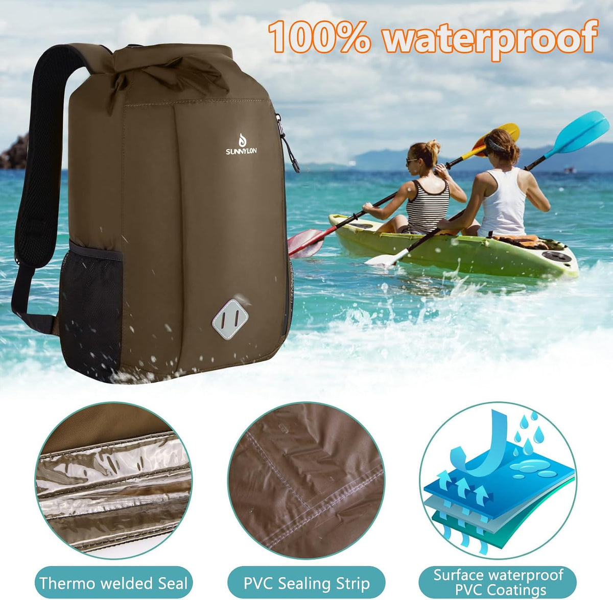 Dry Bag Backpack, 20 L Dry Bag Waterproof with Waist Pouch and Phone Case,Dry bag for kayaking,Marine dry bag for Kayaking, Beach, Rafting, Boating, Hiking, Camping and Fishing (Coffee)