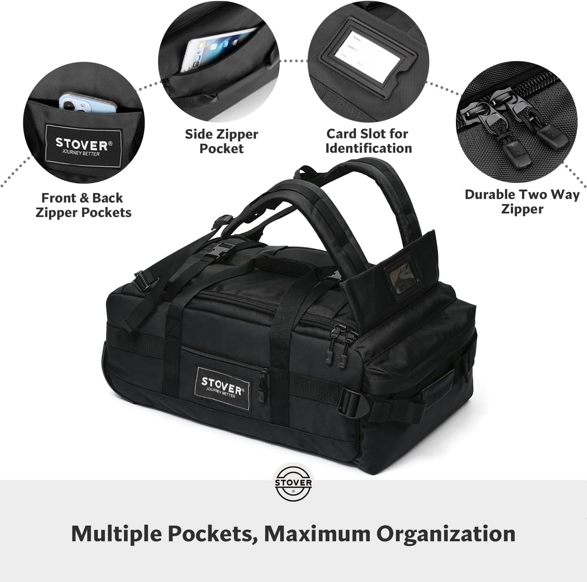 STOVER 45/80/100/120L U-Zip Carry-On Rolling Duffel Bag with Wheels, Medium Travel Duffle w/Toiletry Bag, Heavy-Duty, Foldable w/Shoulder Straps- Use as Luggage or Backpack, Men/Women (Black)