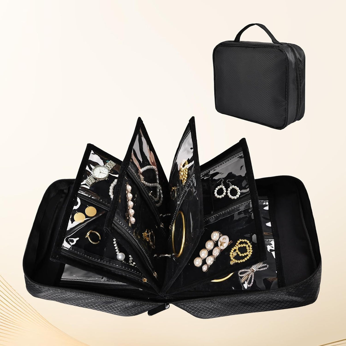 Greenfeather Anti Tarnish Jewelry Storage, Portable Jewelry Binder Organizer Travel with 6 Pcs Clear Zipper Velvet Pouches for Storing Earrings Rings Necklace Bracelet Watch 36 Compartments, Black