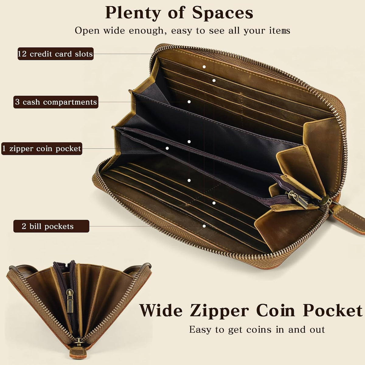 VISOUL Long Zip Around Pouch Wallet for Men Crazy Horse Leather with RFID Blocking, Large Clutch Cash Long Travel Wallet with 12 Card Slots-Brown