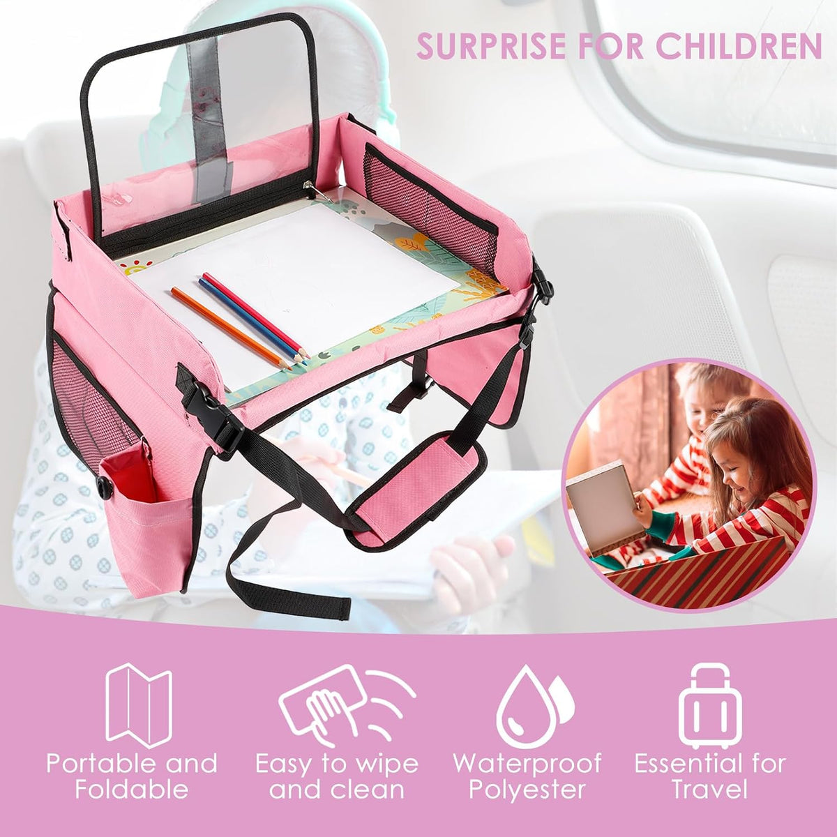 Kids Travel Tray for Toddler Car Seat, Toddler Car Seat Lap Tray, Car Seat Organizer Toddler, Car Lap Desk Table with Storage Pocket, Kids Active Eating Tray for Road Trip, Airplane, Stroller (PINK)