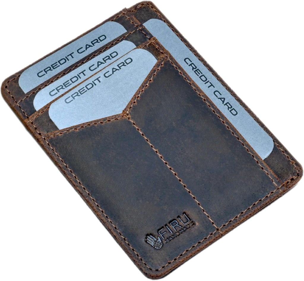 Firu-Handmade Slim Minimalist Leather Wallets for Men | RFID Blocking Front Pocket Wallet with 6 Card Slots Money Section and ID Window