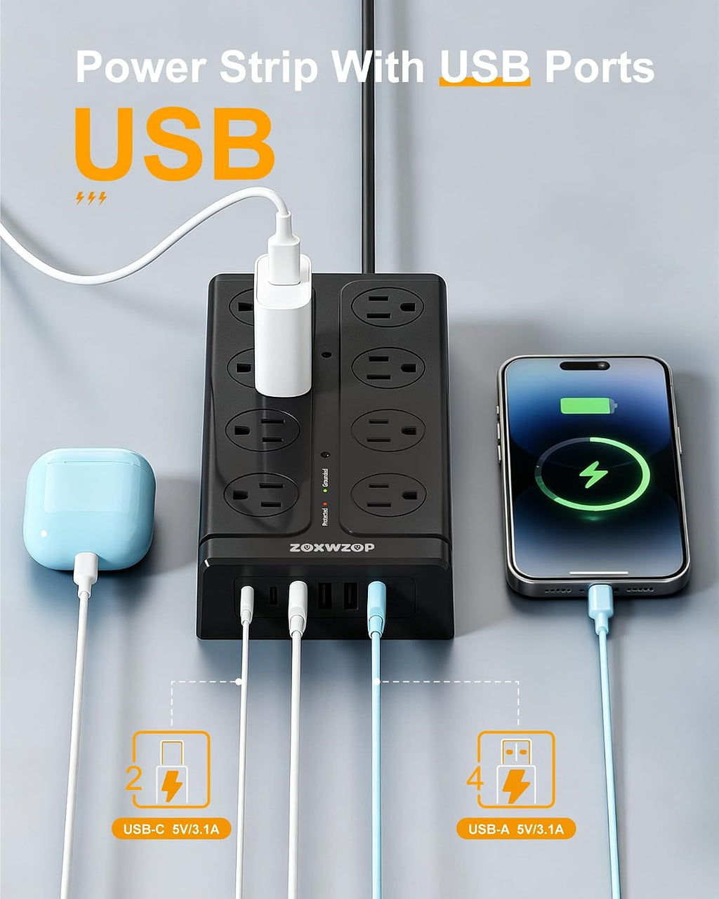 Surge Protector Power Strip 6Ft Extension Cord with 6 USB & 16 Outlets
