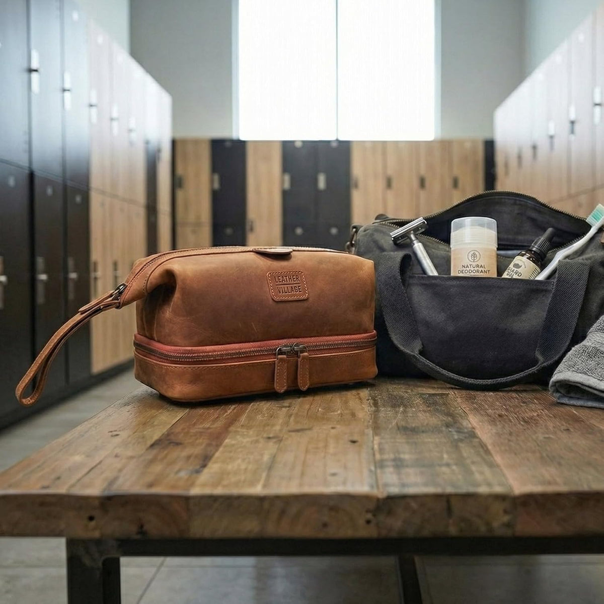 LEATHER VILLAGE Leather Toiletry Bag for Men, Travel Dopp Kit Shaving Bag