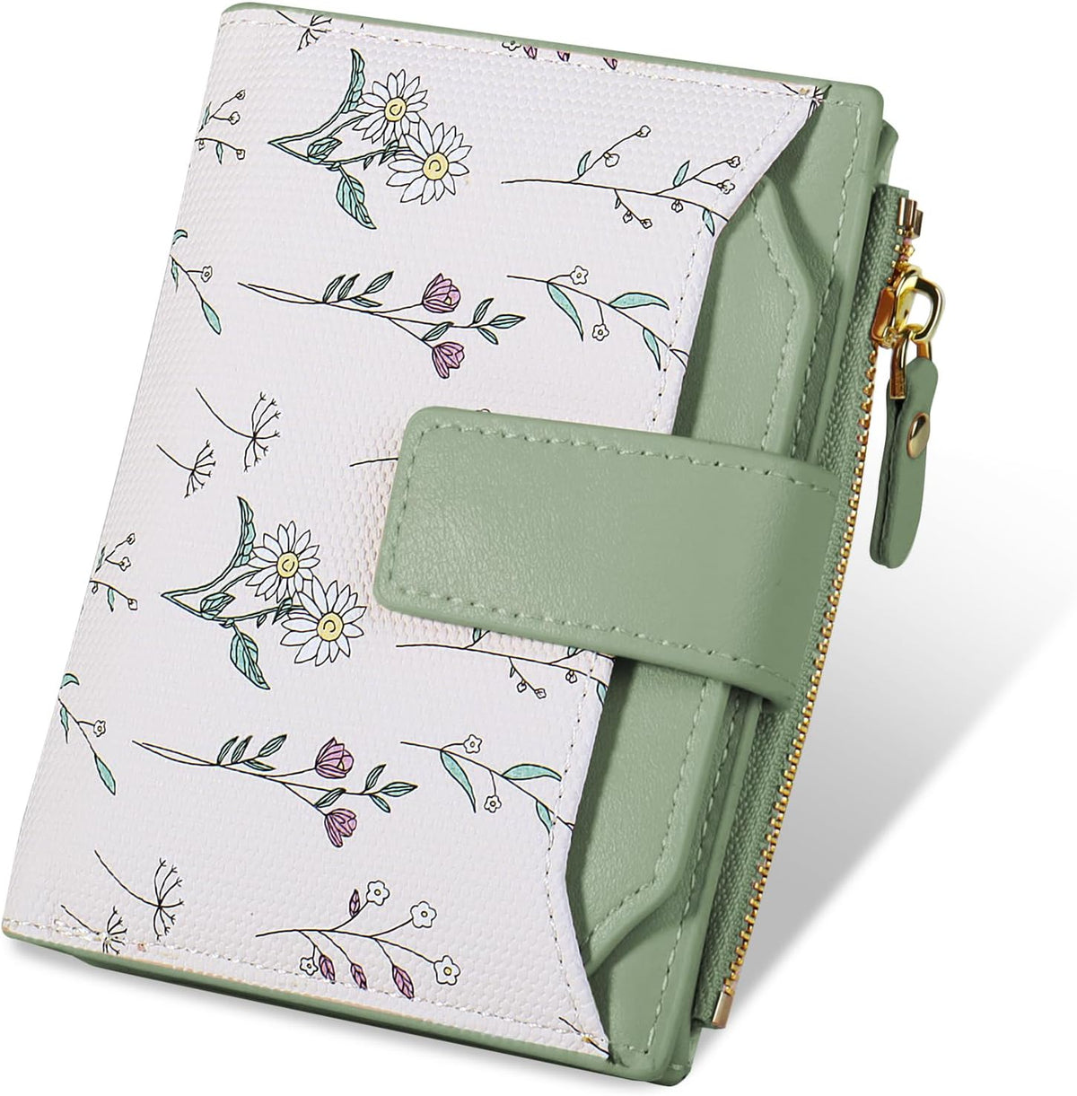 Small Womens Wallet-soft Leather RFID Blocking Bifold Zipper Pocket Credit Card Purse-Floral Pattern Wallet with ID Window (green)